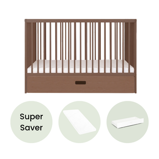 Mini Cot Bed With Drawer & Aloe Vera Mattress - Walnut - Mokee