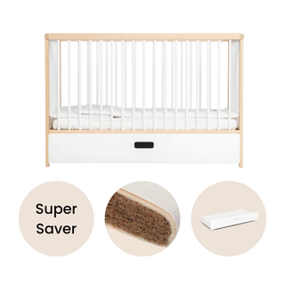 Mini Cot Bed With Drawer & Natural Mattress - White Beech - Mokee