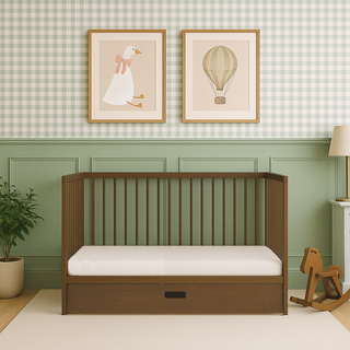 Mini Cot Bed With Drawer, Aloe Vera Mattress & 2 Mattress Protectors - Walnut - Mokee