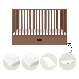 Mini Cot Bed With Drawer, Aloe Vera Mattress & 2 Mattress Protectors - Walnut