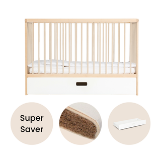 Mini Cot Bed With Drawer & Natural Mattress - Beech