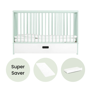 Mini Cot Bed With Drawer & Aloe Vera Mattress - Dusty Aqua