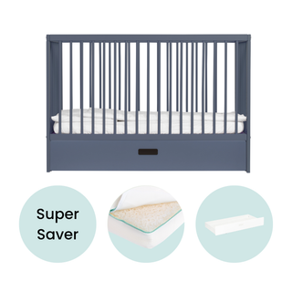 Mini Cot Bed With Drawer & Luxury Breathable Air Mattress - Stone Blue