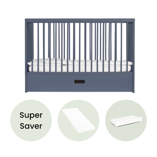 Mini Cot Bed With Drawer & Aloe Vera Mattress - Stone Blue
