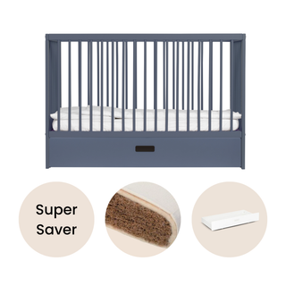 Mini Cot Bed With Drawer & Natural Mattress - Stone Blue