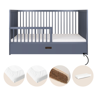 Midi Cot Bed With Mattress - Ultimate Natural Bundle 5 in 1 - Stone Blue (140x70)