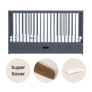 Midi Cot Bed With Drawer & Natural Mattress - Stone Blue (140x70)