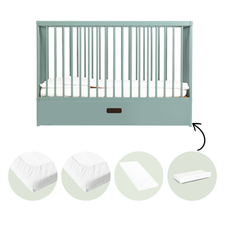 Mini Cot Bed With Drawer, Aloe Vera Mattress & 2 Mattress Protectors - Stone Teal