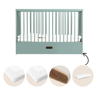 Mini Cot Bed With Drawer, Natural Mattress & 2 Mattress Protectors - Stone Teal