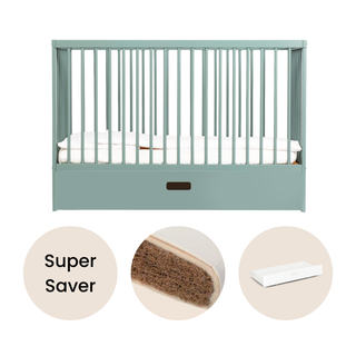 Mini Cot Bed With Drawer & Natural Mattress - Stone Teal