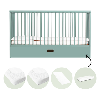 Midi Cot Bed With Drawer, Aloe Vera Mattress & 2 Mattress Protectors - Stone Teal
