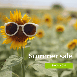 Sunflower wearing sunglasses with a summer sale message and 'Shop Now' button in a field.