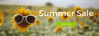 Sunflower wearing sunglasses with 'Summer Sale' text and 'SHOP NOW' button in a sunflower field.