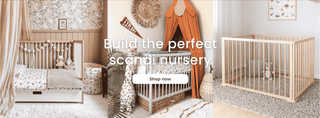 Nursery room with wooden crib, canopy, and decorative elements with text 'Build the perfect scandinavian nursery'.
