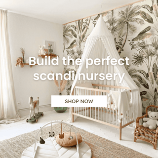 Nursery room with crib, toys, and decorative elements with text overlay.