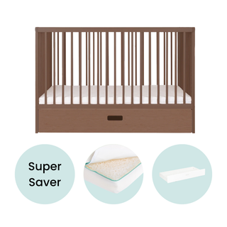 Mini Cot Bed With Drawer & Luxury Breathable Air Mattress - Walnut