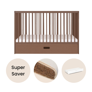 Mini Cot Bed With Drawer & Natural Mattress - Walnut