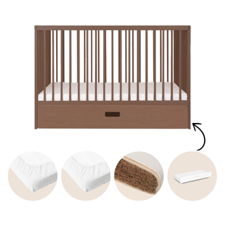 Mini Cot Bed With Drawer, Natural Mattress & 2 Mattress Protectors - Walnut