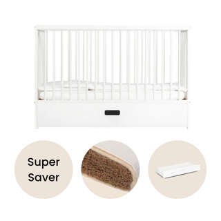 Mini Cot Bed With Drawer & Natural Mattress - White