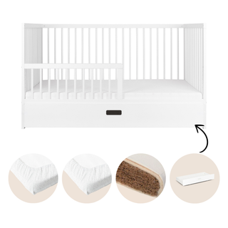 Midi Cot Bed With Mattress - Ultimate Natural Bundle 5 in 1 - White (140x70)