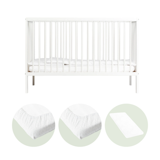 Mini Cot Bed With Mattress - Essential Bundle 4 in 1 - White (120x60)