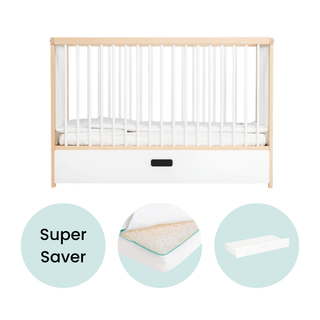 Mini Cot Bed With Drawer & Luxury Breathable Air Mattress - White Beech