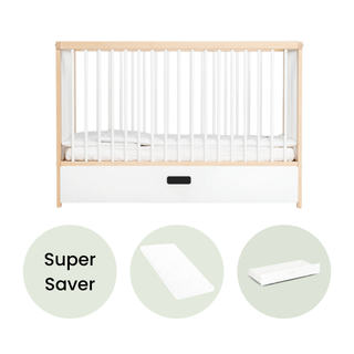 Mini Cot Bed With Drawer & Aloe Vera Mattress - White Beech