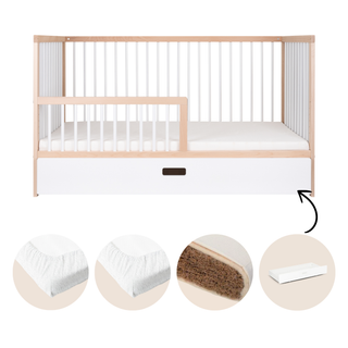 Midi Cot Bed With Mattress - Ultimate Natural Bundle 5 in 1 - White Beech (140x70)
